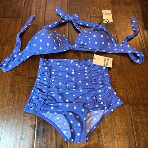 Unique Vintage Swim Polka Dot Halter Top Ruched High Waist Bottom Bikini NWT